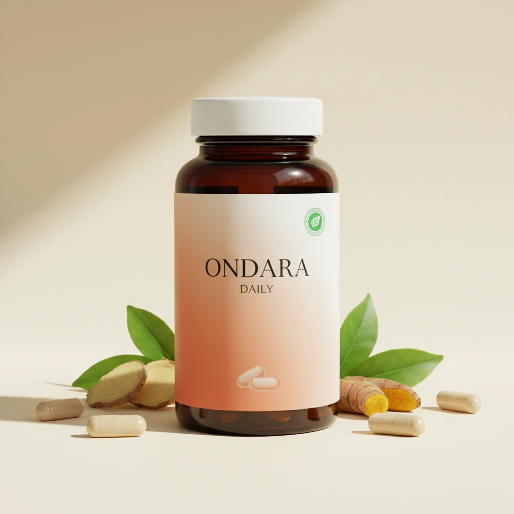 Ondara Daily witte apothekersfles met capsules en verse ingrediënten